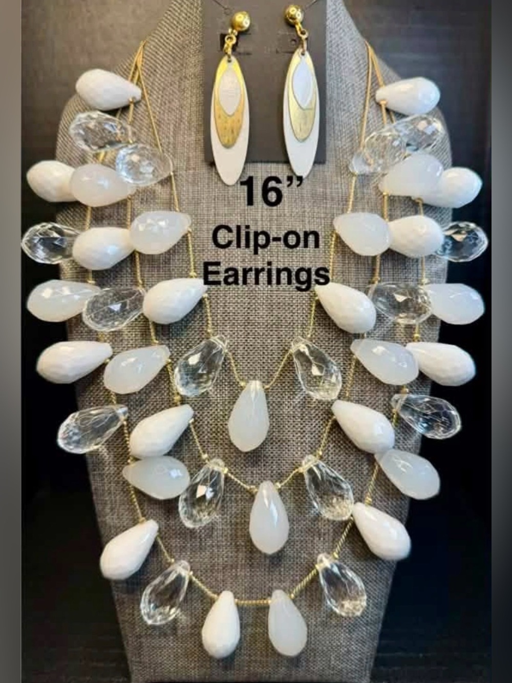 White Teardrop Statement Necklace and Clip-On Earrings
